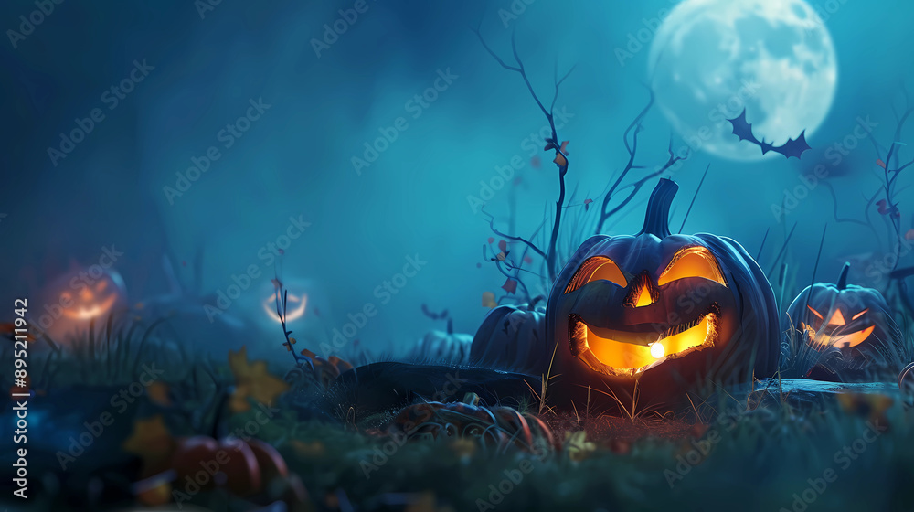 Naklejka premium Mystic Moonlight: Jack O’ Lanterns Shine in the Halloween Darkness