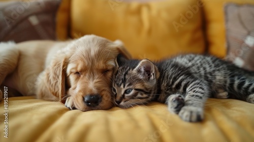 Wallpaper Mural An adorable puppy and kitten are lying together in a loving embrace on a yellow couch, creating a heartwarming scene of companionship and cuteness. Torontodigital.ca