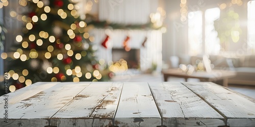 In the cozy living room, a rustic Christmasdecorated wooden table creates a warm festive atmosphere for holiday celebrations with family in the evening, filled with joy and comfort © Fox