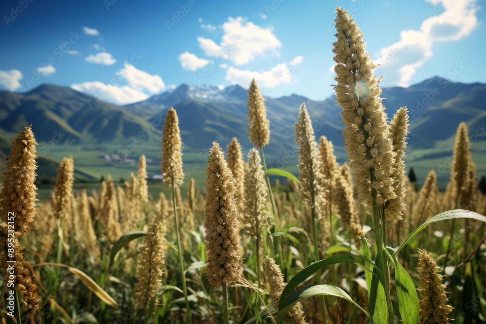 Vibrant quinoa fields set against a backdrop of distant mountains, portraying the resilience of this high-altitude crop. Concept of mountain agriculture. Generative Ai. Vibrant quinoa fields set against a backdrop of distant mountains, portraying the resilience of this high-altitude crop. Concept of mountain agriculture. Generative Ai.