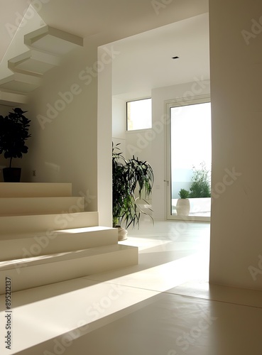 Modern Minimalist White Interior Design with Staircase and Plants