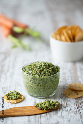 Carrot Greens Pesto Carrot Tops Grean Spread Creamy Pesto and Crackers