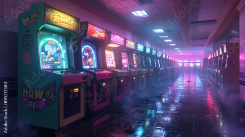 Wallpaper Mural A neon-lit arcade with a row of colorful, retro-style arcade machines on a glossy floor, creating a nostalgic and cinematic atmosphere. Torontodigital.ca