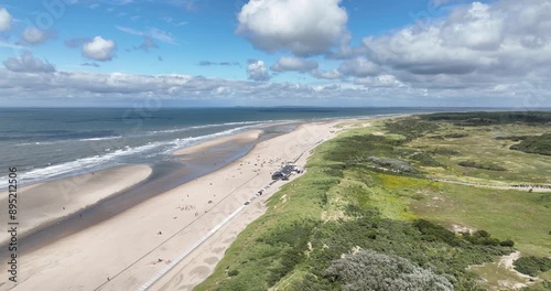 Beach , sea and dunes of Zeeland, The Netherlands in summer time. Aerial drone view. photo