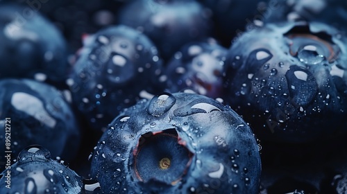 Close-up shot of blueberries, macro photo of berries. Generative AI.