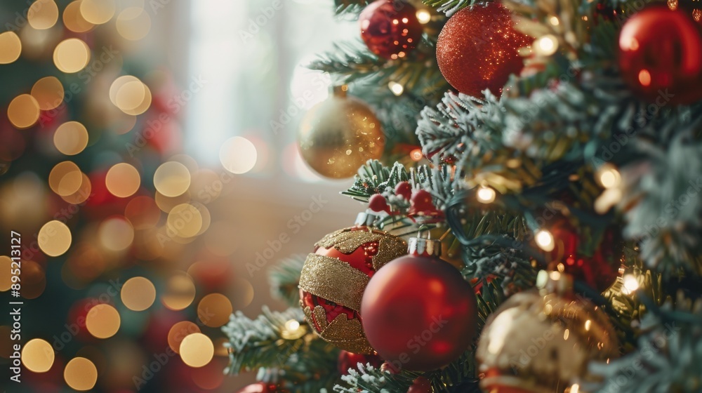 A beautifully decorated Christmas tree adorned with red and gold ornaments and baubles, set against a bokeh backdrop of warm lights and holiday ambiance. A beautifully decorated Christmas tree adorned with red and gold ornaments and baubles, set against a bokeh backdrop of warm lights and holiday ambiance.