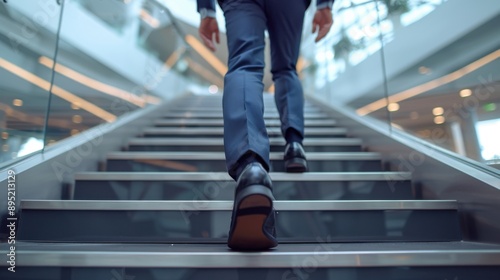 Close-up of a young businessman's feet sprinting up a modern staircase, showcasing determination and upward movement within a corporate environment. photo