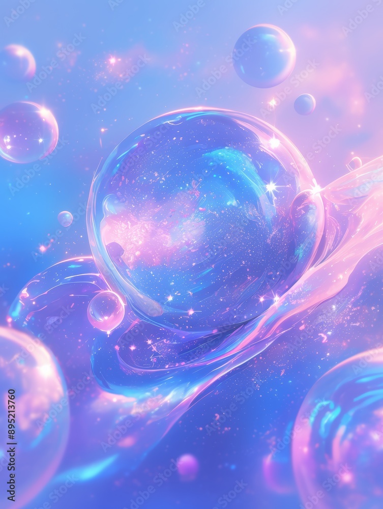 Ethereal bubbles floating in a dreamy, cosmic background with pink and blue hues, signifying a magical concept of wonder and imagination Ethereal bubbles floating in a dreamy, cosmic background with pink and blue hues, signifying a magical concept of wonder and imagination