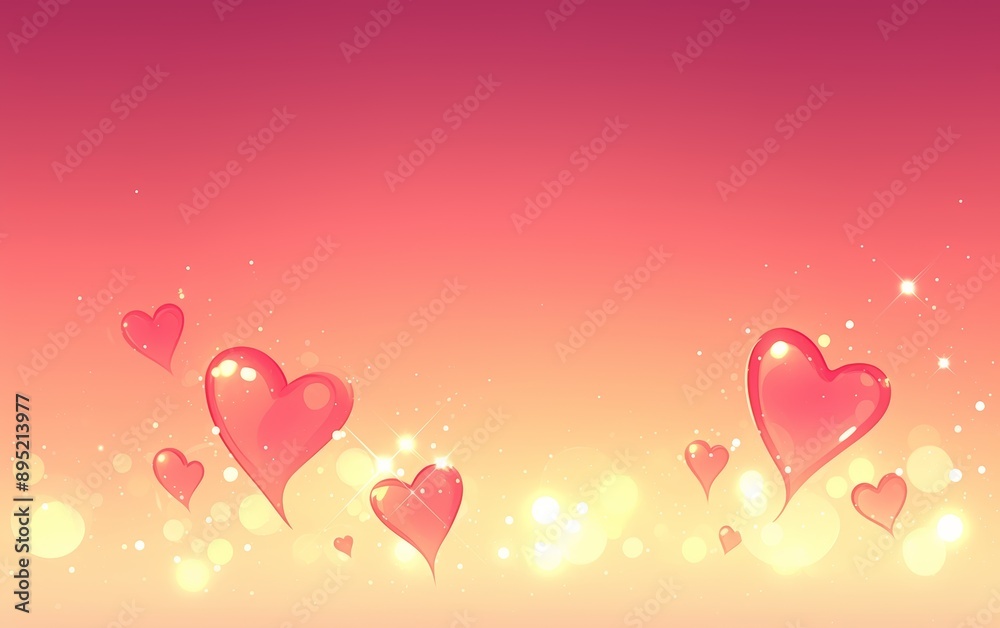 Pink and red hearts floating with sparkles on a gradient orange background. Concept of love and romance, suitable for Valentine's Day Pink and red hearts floating with sparkles on a gradient orange background. Concept of love and romance, suitable for Valentine's Day