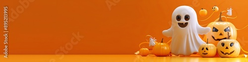 Banner with cute ghost character, Halloween decoration, copy space, 3d style. Generative AI.