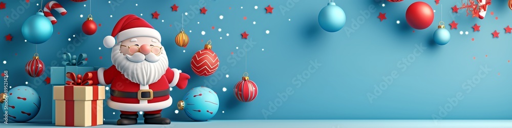 Banner with cute Santa character, Christmas decoration, copy space, 3d style. Generative AI. Banner with cute Santa character, Christmas decoration, copy space, 3d style. Generative AI.