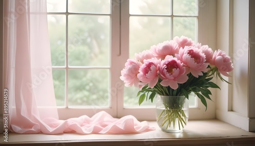 A bouquet of pink peonies in a glass vase on a windowsill with a pink curtain, creating a soft and romantic scene. © Mohammad