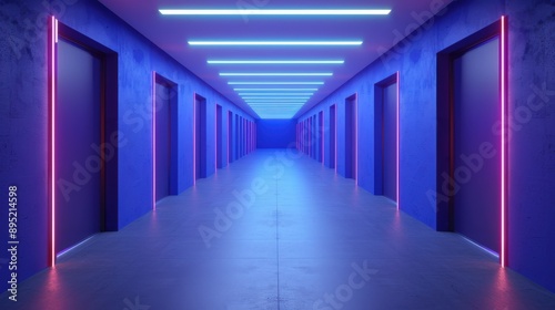 A futuristic hallway with a symmetrical design, featuring neon blue and pink lights lining the ceiling and doorways, creating a cinematic, abstract 3D aesthetic.