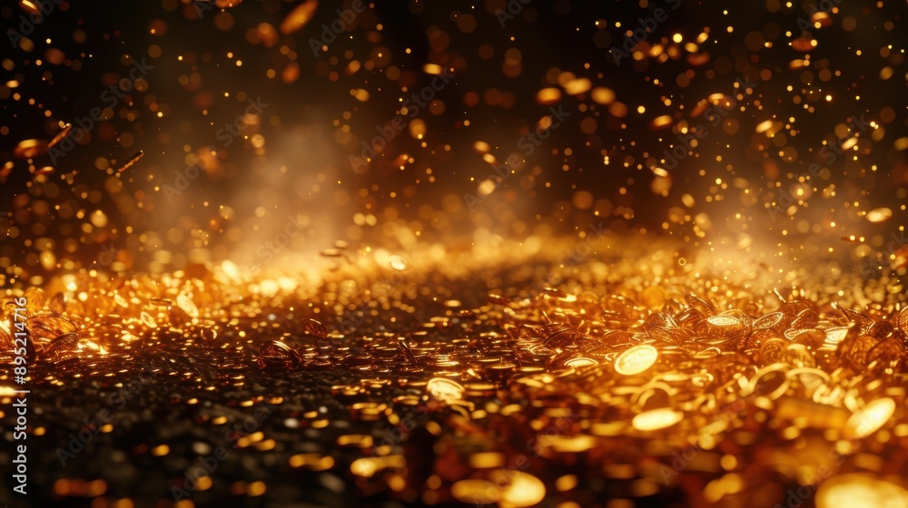 Naklejka premium A dazzling scene of gold coins raining against a black background, creating a fountain-like effect. The shimmering coins are illuminated, giving a sense of wealth and abundance.