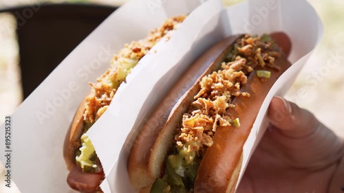 Appetizing hot dogs in hand. Close-up