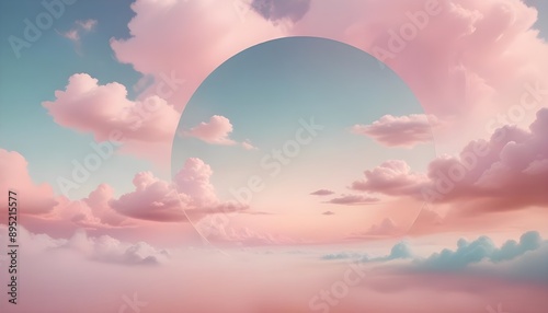 Abstract, dreamlike landscape featuring a large, circular opening in a field of clouds against a pastel pink sky.