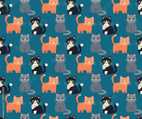 Seamless pattern with cute colorful cats. Cartoon vector background in flat style	