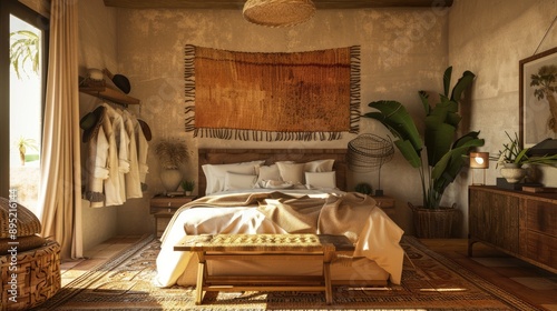 Photograph of our bedroom blends earthy colors and natural textures, crafting a cozy Mediterranean space with autumn warm tones.