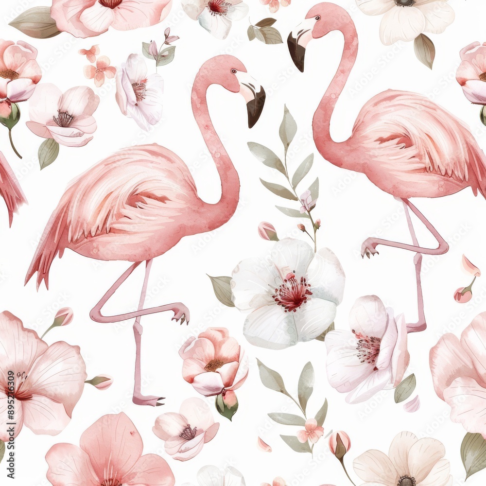 Naklejka premium Baby flamingo and mom cartoon seamless pattern background. Tropical fabric background. Mother and baby cartoon.