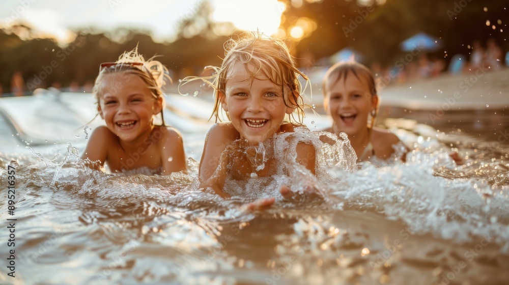 Three happy kids splashing into the water at an aqua park with big smiles on their faces, enjoying a fun day under the warm sun. Three happy kids splashing into the water at an aqua park with big smiles on their faces, enjoying a fun day under the warm sun.