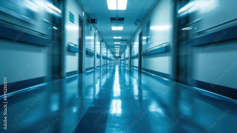 Fototapeta premium A motion-blurred photograph of a hospital interior featuring a long, empty corridor with a reflective floor and doors lining the sides.