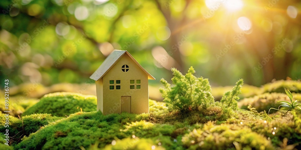 Miniature house on moss with green nature bokeh. Miniature house on moss with green nature bokeh.