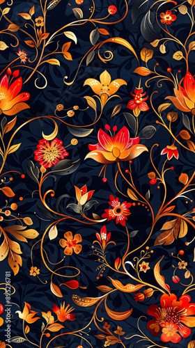 Luxurious and elegant design: stylized red and gold flowers and leaves in a repeating pattern on a dark background