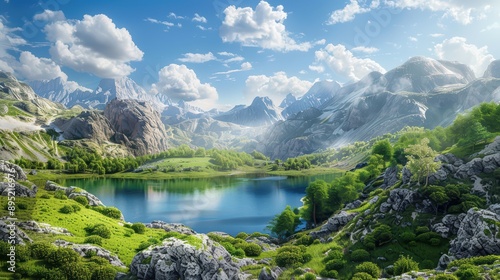 A stunning wallpaper featuring a serene mountain landscape with a clear blue sky and lush greenery