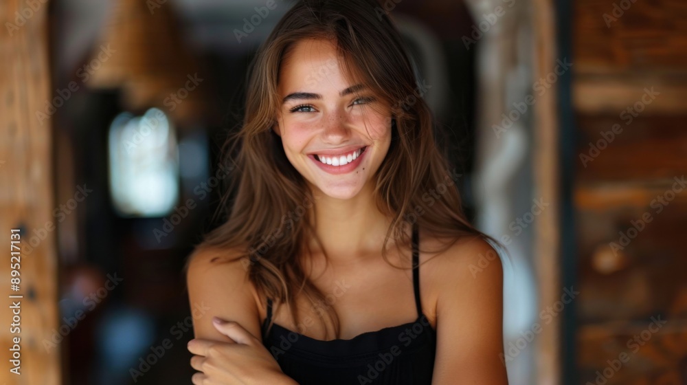 A young woman with long, brown hair and a radiant smile poses confidently in a warmly lit indoor setting. She exudes happiness and confidence. A young woman with long, brown hair and a radiant smile poses confidently in a warmly lit indoor setting. She exudes happiness and confidence.