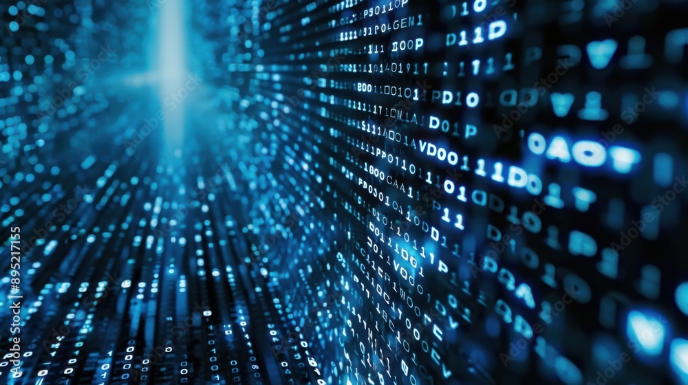 A dynamic image showcasing blue digital binary data streaming diagonally across a computer screen backdrop, representing technology and data flow. A dynamic image showcasing blue digital binary data streaming diagonally across a computer screen backdrop, representing technology and data flow.