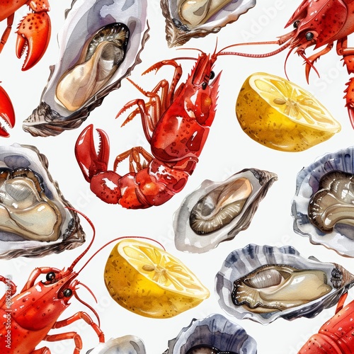 On a white background, a watercolor seamless pattern with rosemary herbs, crab, fish, octopus, lobster, lemon, oyster, clam, and shrimp is shown photo