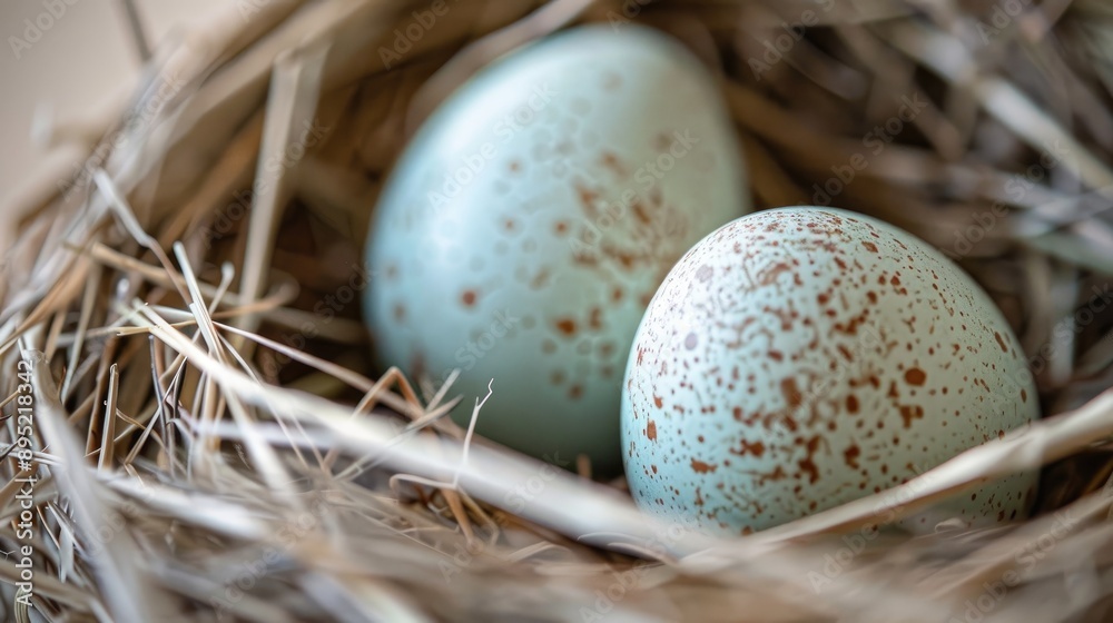 Easter themed close up of two new chicken eggs in nest Easter themed close up of two new chicken eggs in nest