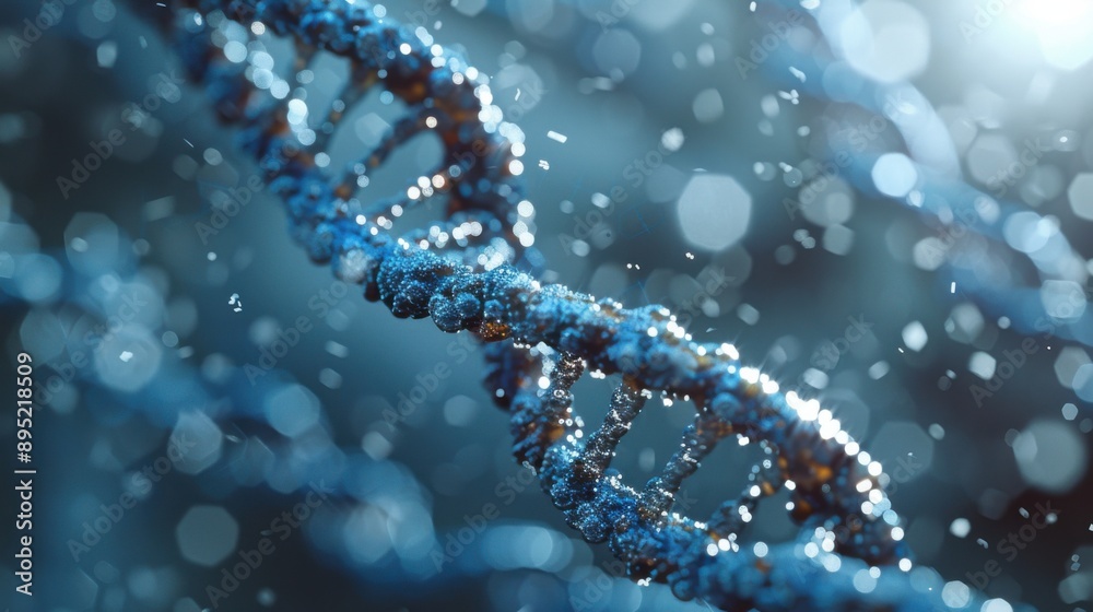The image showcases a close-up view of a DNA double helix with a blue hue. The background features light bokeh effects, adding a scientific and futuristic feel. The image showcases a close-up view of a DNA double helix with a blue hue. The background features light bokeh effects, adding a scientific and futuristic feel.