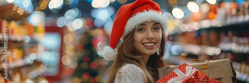 Get into the holiday spirit with a merry woman in a Santa hat leading you through a festive winter wonderland of decorations, gifts, and joyous shoppers, spreading cheer and celebrating the season