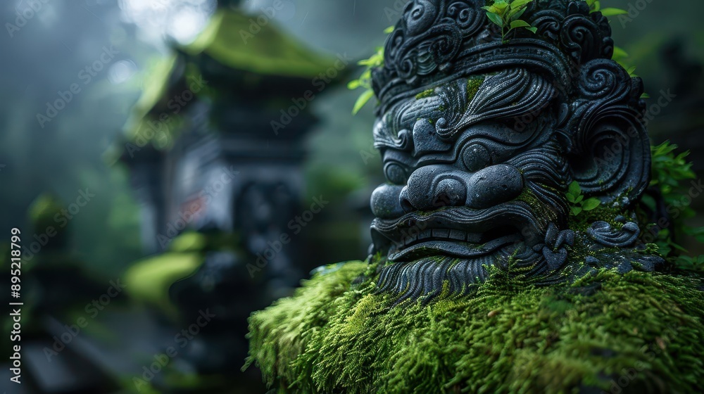 Guardian statues at a temple entrance covered in moss and fog, a mystical fusion of history and natural elements Guardian statues at a temple entrance covered in moss and fog, a mystical fusion of history and natural elements