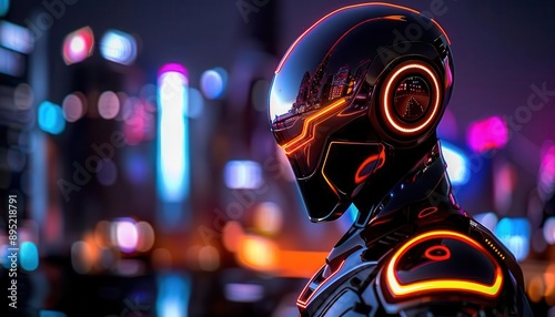 Guardian robot overlooking a neon city, futuristic protector in a world of bright lights and shadow