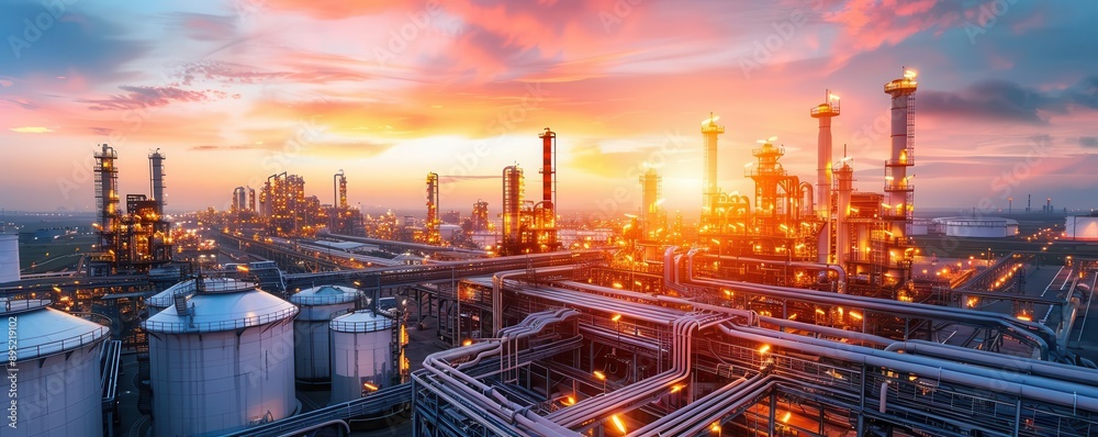 Industrial chemical plant at twilight, silhouette of intricate pipe networks and storage tanks, emphasizing scale and industry Industrial chemical plant at twilight, silhouette of intricate pipe networks and storage tanks, emphasizing scale and industry