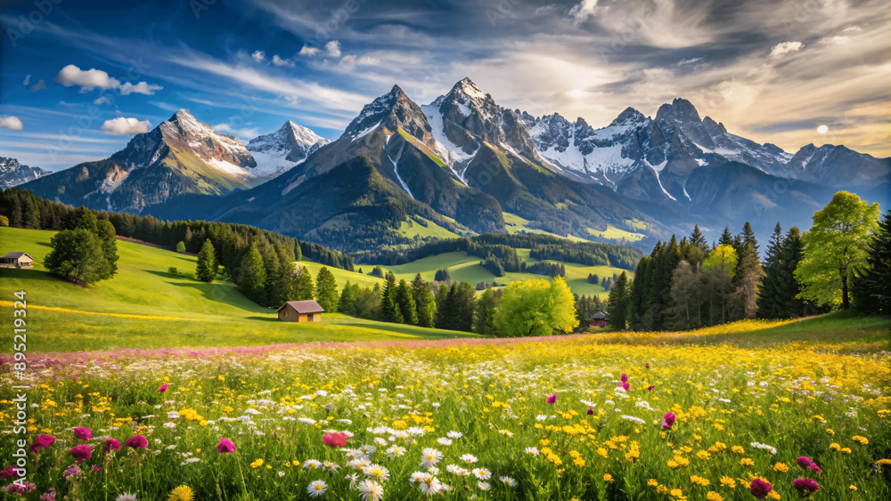 mountain landscape in the Alps with blooming meadows, summer mountain travel mountain landscape in the Alps with blooming meadows, summer mountain travel