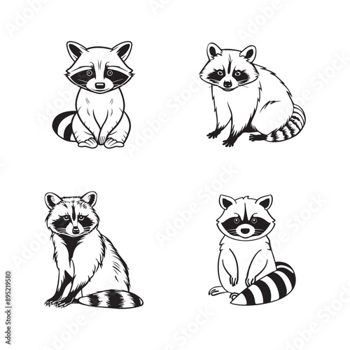 Four black and white line drawings of raccoons sitting. Silhouette illustration
