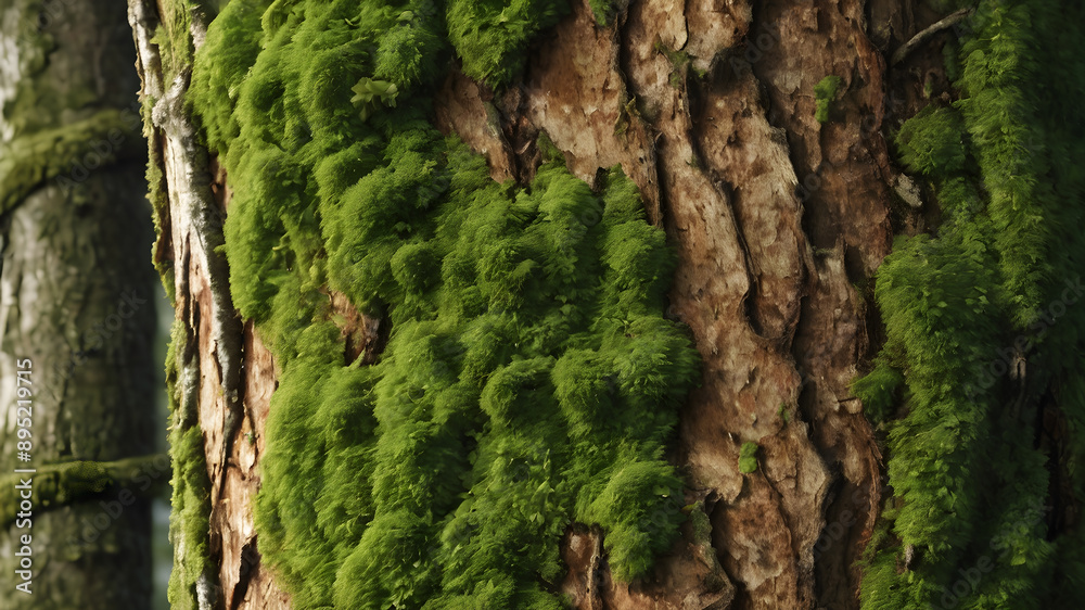 Tree bark close-up showing rough texture and moss. Generative AI Tree bark close-up showing rough texture and moss. Generative AI