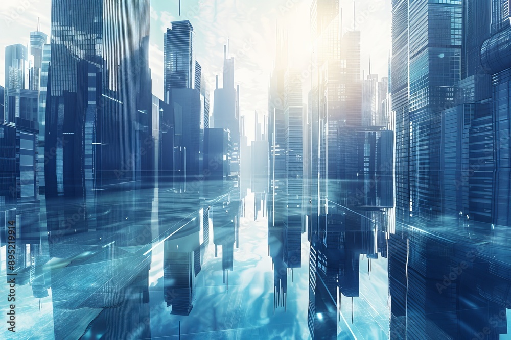Futuristic smart city skyline with reflective skyscrapers in sunlit corporate blue backdrop