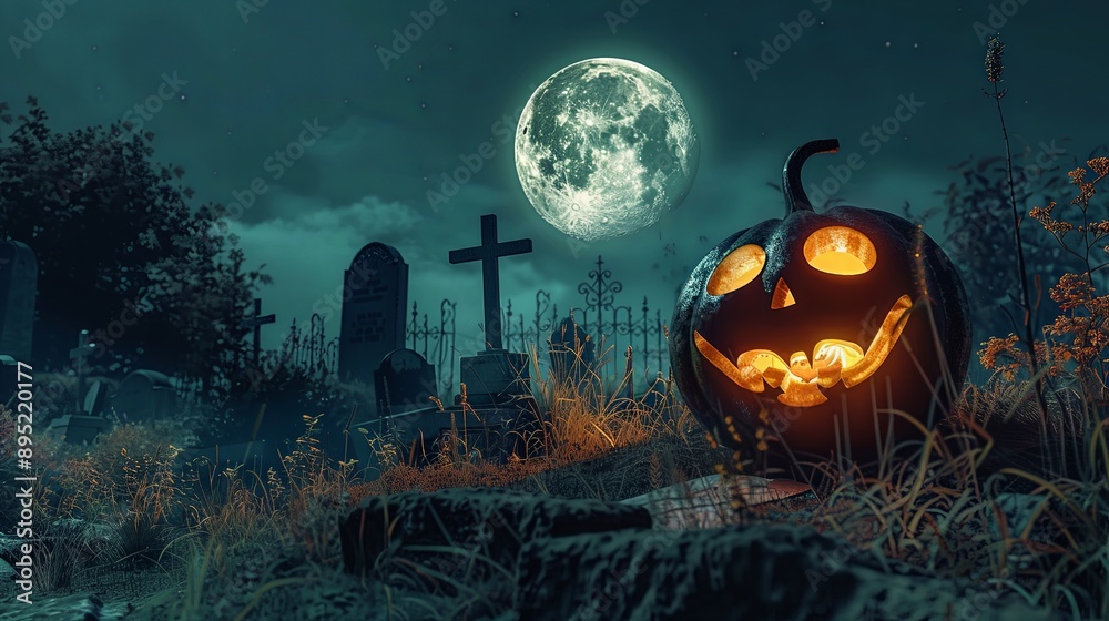 Spooky Halloween Scene with Glowing Pumpkin Under Full Moon Spooky Halloween Scene with Glowing Pumpkin Under Full Moon