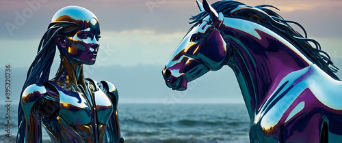 Horse on the beach with a woman riding, city background, sea and summer sky
