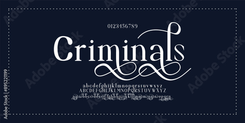 Luxury wedding alphabet letters font with tails. Typography elegant classic lettering serif fonts and number decorative vintage retro concept for logo branding. vector illustration.