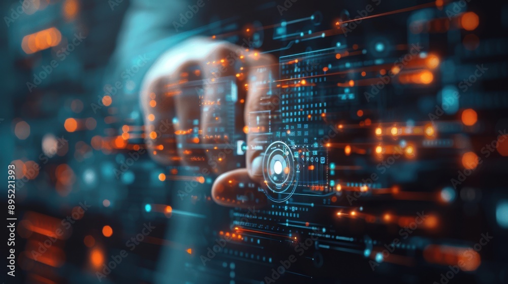 A person interacts with a digital interface, symbolizing the metaverse and cyber technology. The image features glowing blue and orange circuit-like patterns.