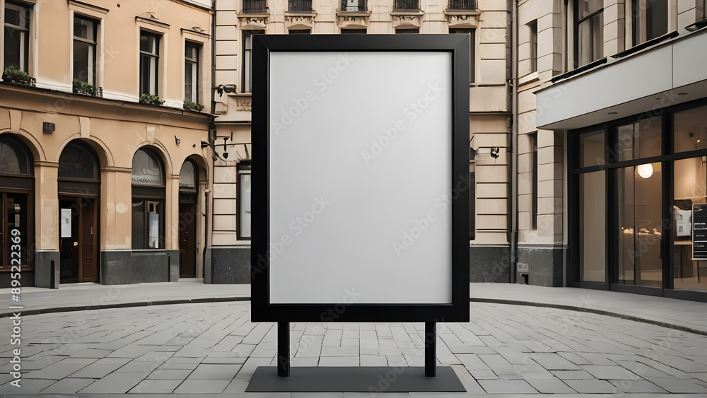 Mockup cartel en blanco con un marco color negro entre unos edificios Mockup cartel en blanco con un marco color negro entre unos edificios