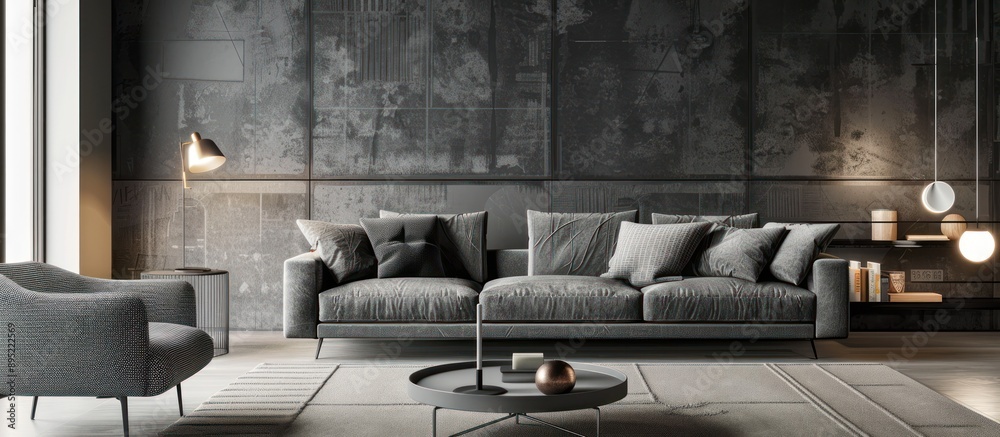 sofa, armchair, table and glowing lamps in evening sofa, armchair, table and glowing lamps in evening