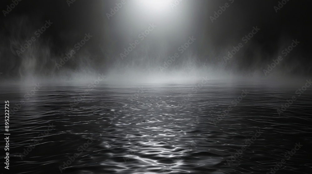 A serene black and white landscape with a smoky horizon above a calm, rippling water surface under a soft light source, creating a tranquil and mysterious atmosphere.