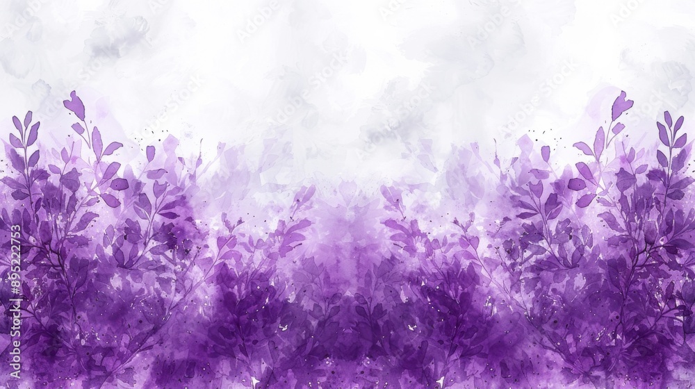 Obraz premium A beautiful watercolor floral banner with shades of purple and violet leaves. The background is light with watercolor brush strokes, giving a delicate and artistic feel.