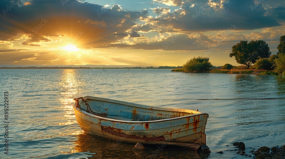 A rustic boat sits anchored in a serene river at sunset, with golden light reflecting off the calm water and a dramatic sky filled with clouds in the background. A rustic boat sits anchored in a serene river at sunset, with golden light reflecting off the calm water and a dramatic sky filled with clouds in the background.